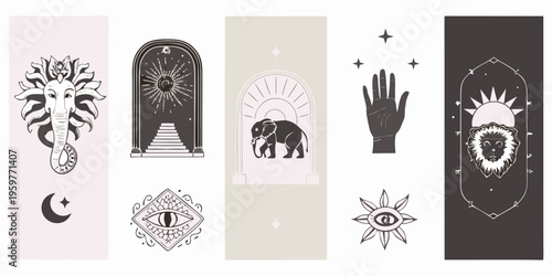 Mystical illustrations featuring elephants arches hands and celestial motifs