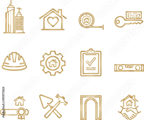 Hand drawn sketch icon set for construction real estate and home renovation featuring house tools and building symbols