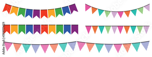 carnival garland, birthday party decoration, string of flags, colorful pennants banner, panoramic vector illustration