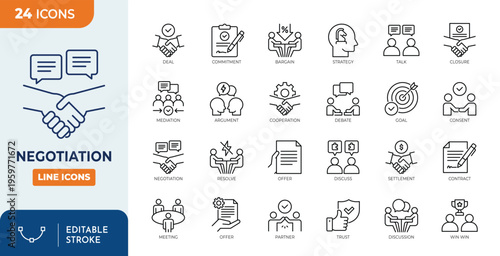 Negotiation icon set. contain icons related to Negotiation, deal, discussing, bargain, offer, agreement, talk, contract, and more. Editable stroke. Vector illustration