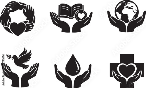 Donation and Charity Icon Set Support Helping Hand Care Symbols