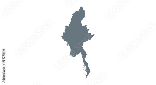 A dark blue silhouette depicting the geographical shape of myanmar on a white background high quality