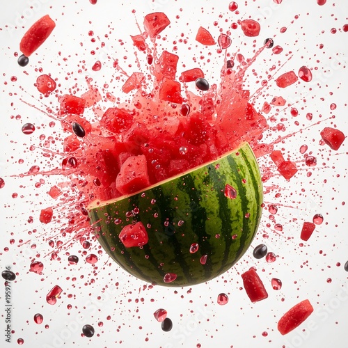 A watermelon explodes into juicy chunks and seeds on a transparent background