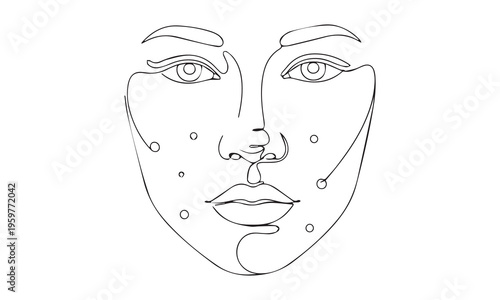 Minimalist continuous line art illustration of female face with acne spots for dermatology and skincare treatment concepts