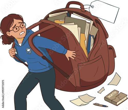 Tired Girl Struggling to Pull an Oversized Heavy School Bag