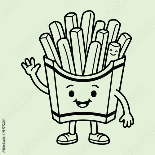 Cartoon french fries character with smiling face and waving hand in container