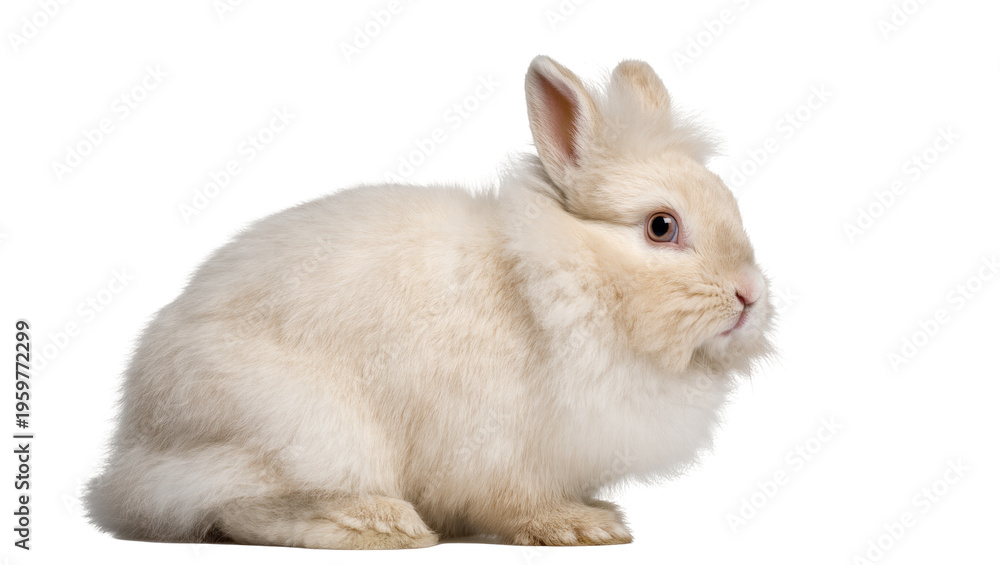 Fototapeta premium Fluffy cream-colored rabbit with curious expression and soft fur sitting peacefully in studio