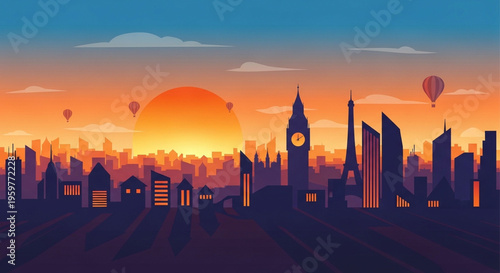 Vibrant Cityscape at Sunset with Iconic Landmarks and Hot Air Balloons Floating in the Sky
