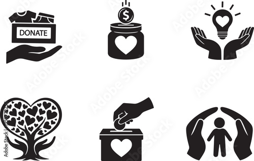 Charity and Donation Icon Set Helping Hand Support Care Collection