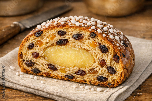 Close-Up Slice of Traditional Dutch Paasstol with Almond Paste