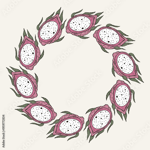 Modern Artisan Pitaya Wreath Illustration. Hand-Drawn Dragon Fruit Circle Border, Frame Vector for Wellness Branding and Smoothie Bar Graphics