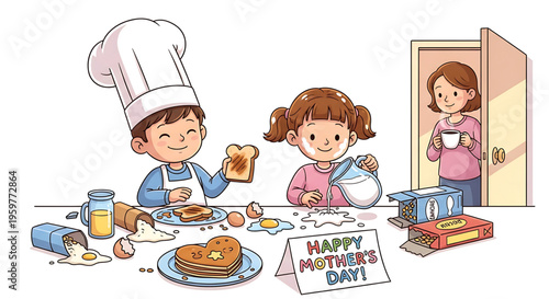 A heartwarming illustration of a family celebrating Mother's Day with a homemade breakfast