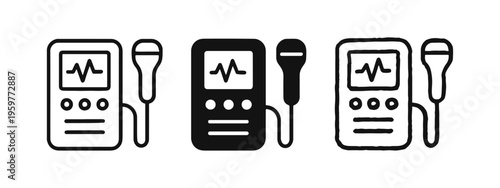 Medical Ultrasound Device Icons Set. Portable Heartbeat Monitor and Diagnostic Tool Symbols in Various Styles.