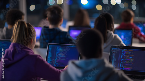 Diverse students work on laptops, code visible on screens, in a modern, dark classroom or lab setting at night, focused on technology and education