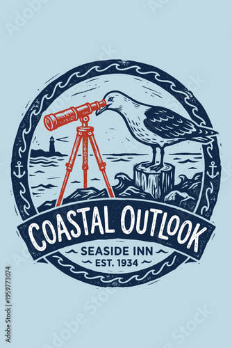Vintage Nautical Mascot Logo with Seagull and Telescope
