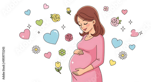 A pregnant woman in a pink dress surrounded by colorful hearts and flowers