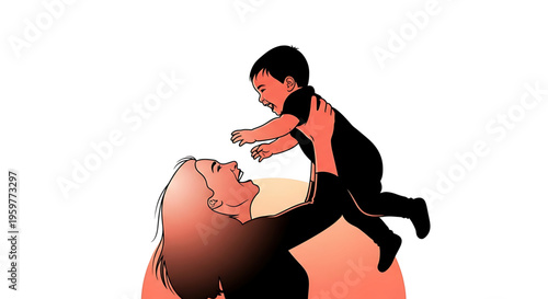 A vector graphic illustration of a happy mother playing with her little child