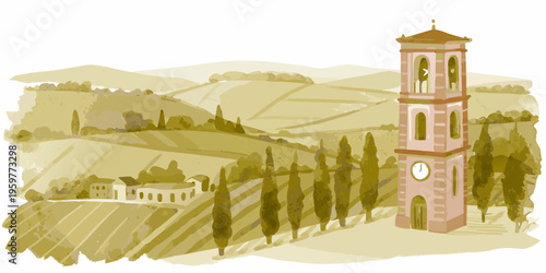 A picturesque watercolor illustration of a tuscan landscape with a tower