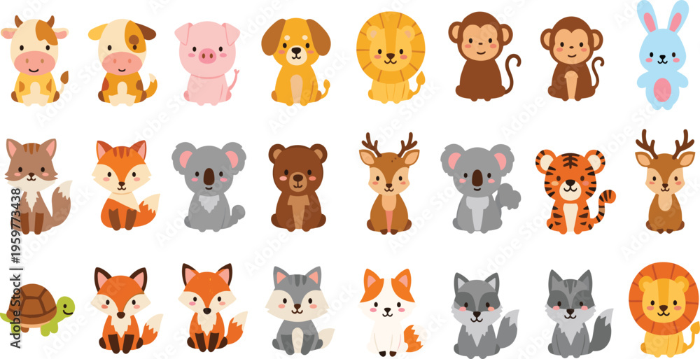 Obraz premium Cute Cartoon Forest and Wild Animal Collection Featuring Fox, Bear, Deer, Tiger, Koala, Lion, Monkey, Rabbit and More for Kids Nursery Design Projects.