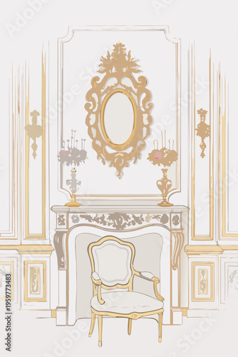 Elegant interior scene featuring a gilded mirror fireplace and ornate chair