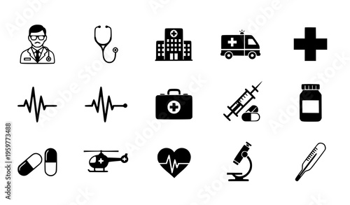 Minimalist Medical and Healthcare Icon Vector Set | Doctor, Hospital, and Emergency Symbols