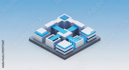 Isometric abstract network of white and blue cubes connected by glowing blue beams on a gradient blue background