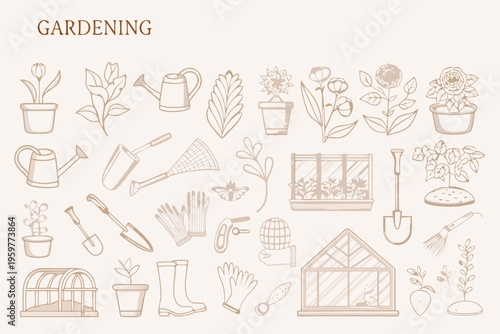 Gardening tools and plants illustration in a delicate sketched style