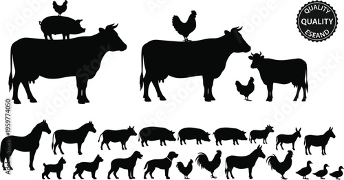 Farm Animal Silhouette Vector Collection Featuring Cow Pig Horse Chicken and Duck Icons for Butchery Agriculture and Livestock Farm Branding