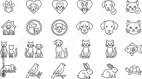 Pet shop line icons set featuring dogs, cats, birds, rabbits, fish, and reptiles for veterinary clinic branding and animal care design.