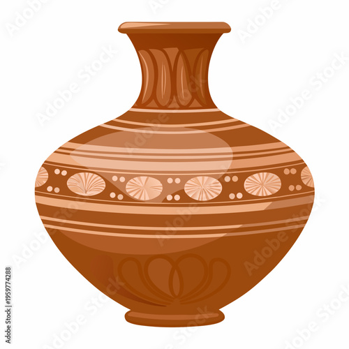An ornate brown ceramic vase with circular and striped patterns