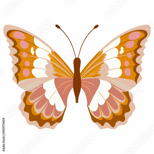 A colorful butterfly with patterned wings is shown in a flat design
