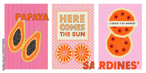 A vibrant triptych featuring papaya citrus and sardines illustrations