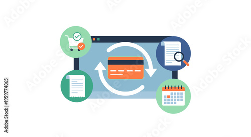 Online Payment Processing and Transaction Cycle with Credit Card, Shopping Cart, Invoice, and Calendar Icons. E-commerce and Subscription Management Concept.