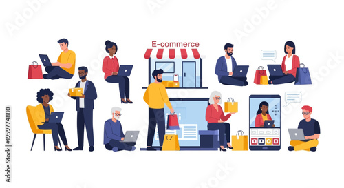 E-commerce & Online Shopping Concept with Diverse People Using Laptops & Smartphones