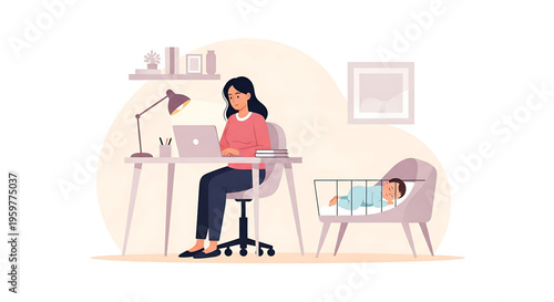 A working mother sitting at her desk with a laptop and a baby in a crib next to her