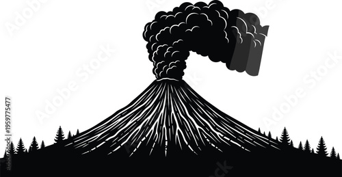 Volcano eruption with smoke plume and forest landscape in CAD drawing style flat vector illustration isolated on white background for design