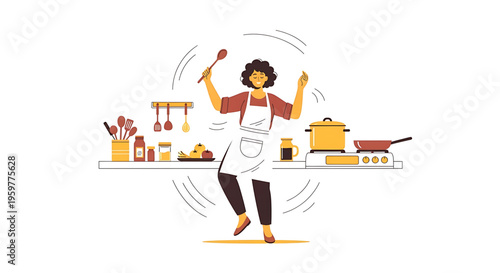 A cheerful woman dancing in a modern kitchen with cooking utensils and appliances