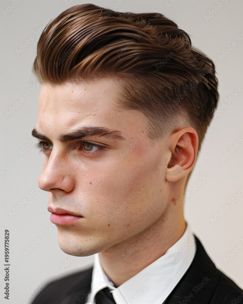 Fototapeta premium comb styling side part hairstyle, sharp clean lines, professional barber look