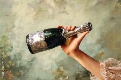 Background wallpaper, oil painting of a champagne bottle held in a young woman’s hand, artistic concept, luxury lifestyle, textured brush strokes, soft lighting, high resolution, copy space