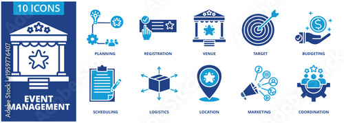 Event management icon collection set. Containing planning, registration, venue, target, budgeting, scheduling, logistics, location, marketing, coordination icon.  dual tone vector.	

