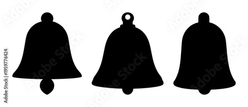Bell notification silhouette set with minimalist line outline displaying alert icon featuring mobile alerts, sound notifications, app updates with icons and sound waves