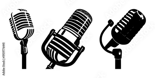 Microphone set with flat black silhouette on white background featuring vintage design, logo, recording studio icon with music notes and microphone symbol