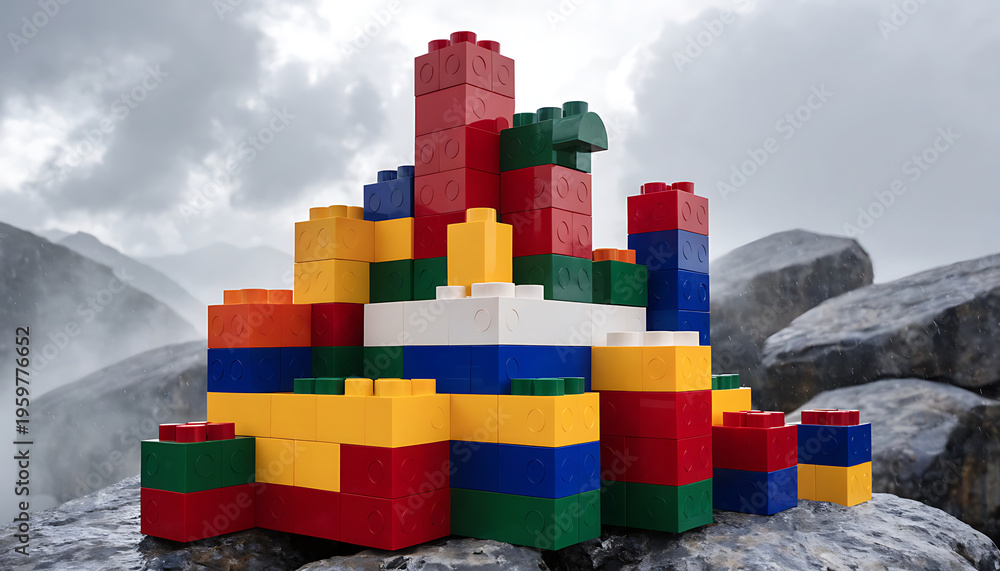 Obraz premium Colorful Stacked Building Blocks Castle on Rocky Outdoor Background