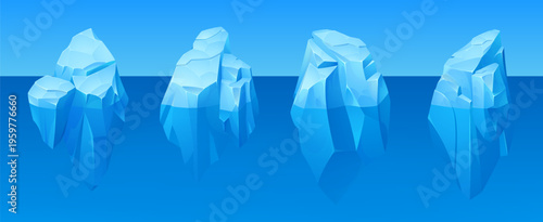 Ice glacier formations with majestic underwater iceberg views and arctic mountain blocks. Frozen berg structures floating in polar ocean waters. Vector snowy north pole floe elements for game design.