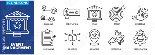 Event management icon collection set. Containing planning, registration, venue, target, budgeting, scheduling, logistics, location, marketing, coordination icon. simple line vector.	

