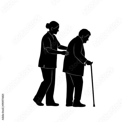 A black silhouette of a female caregiver supporting an elderly man with a walking stick
