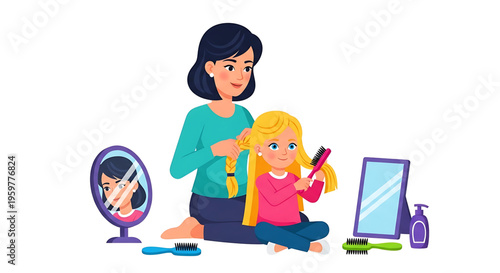A mother and daughter engaging in a fun hair styling session together at home with various beauty tools.