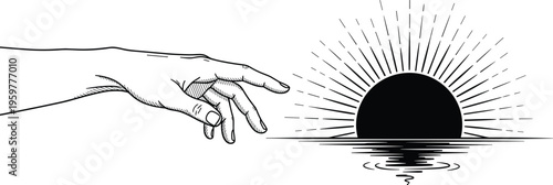 Hand reaching for sun rising over water sunrise black and white