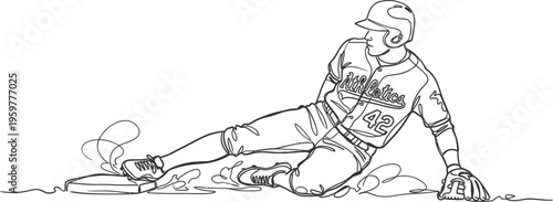 Baseball player sliding into base vector, continuous line drawing, athlete action art