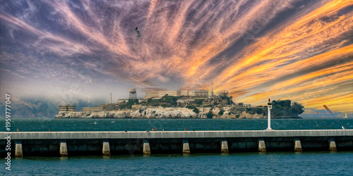 San Francisco Bay, California. Alcatraz Island with the dramatic sky on the background.